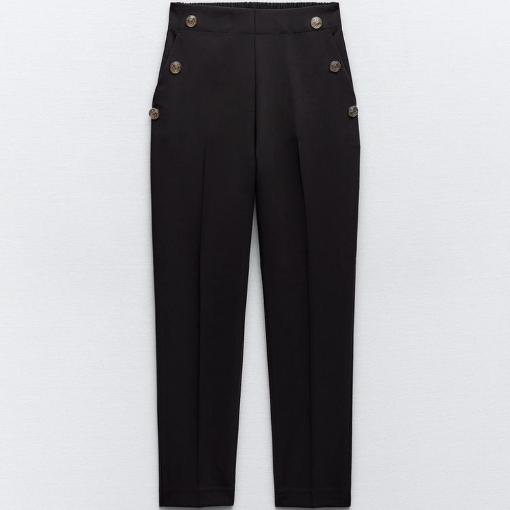 ZARA Straight leg trousers with  Gold military style buttons.